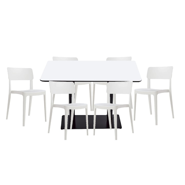 Set mobilier dining bucatarie RAKI masa dreptunghiulara cu blat MDF melaminat 120x80x75cm cu 6 scaune Pano albe