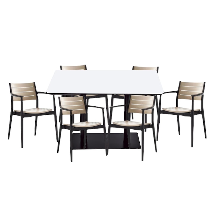 Set mobilier dining bucatarie RAKI masa dreptunghiulara cu blat MDF melaminat 120x80x75cm cu 6 scaune REGNUM maro x capucino