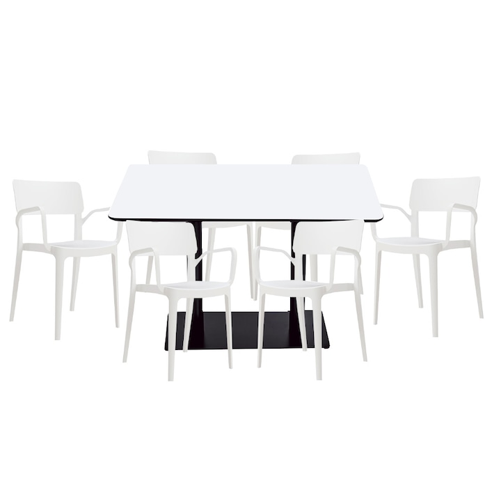 Set mobilier dining bucatarie RAKI masa dreptunghiulara cu blat MDF melaminat 120x80x75cm cu 6 scaune Panora albe