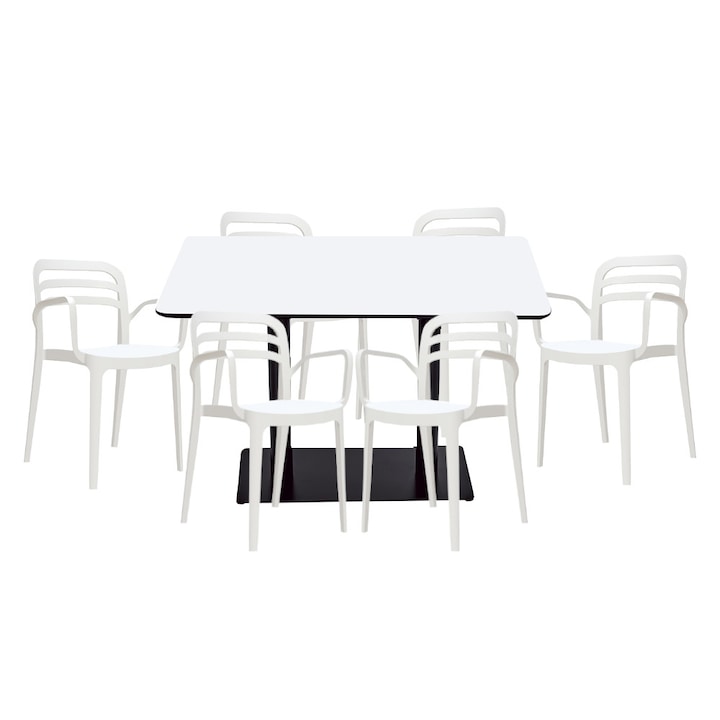 Set mobilier dining bucatarie RAKI masa dreptunghiulara cu blat MDF melaminat 120x80x75cm cu 6 scaune Aspendos albe