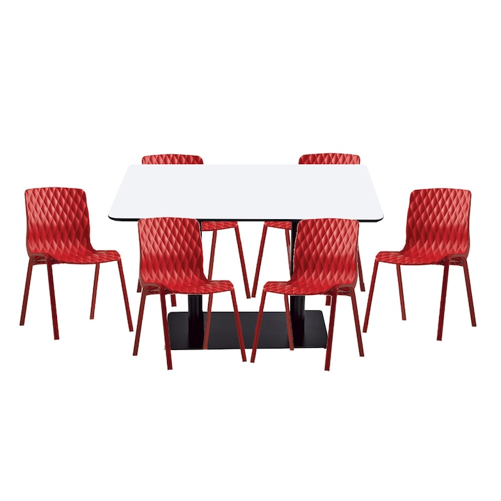 Set mobilier dining bucatarie RAKI masa dreptunghiulara cu blat MDF melaminat 120x80x75cm cu 6 scaune Royal rosii