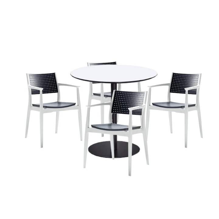 Set mobilier dining bucatarie RAKI masa rotunda cu blat MDF melaminat 80x75cm cu 4 scaune SEGINIUS alb antracit