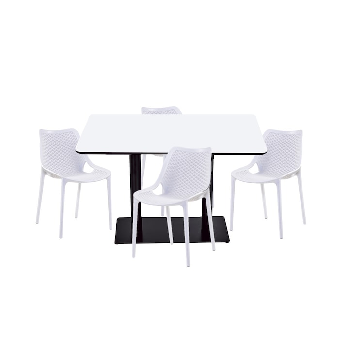 Set mobilier dining bucatarie RAKI masa dreptunghiulara cu blat MDF melaminat 120x80x75cm cu 4 scaune LONDON AIR albe