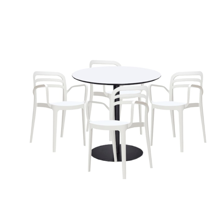 Set mobilier dining bucatarie RAKI masa rotunda cu blat MDF melaminat 80x75cm cu 4 scaune Aspendos albe