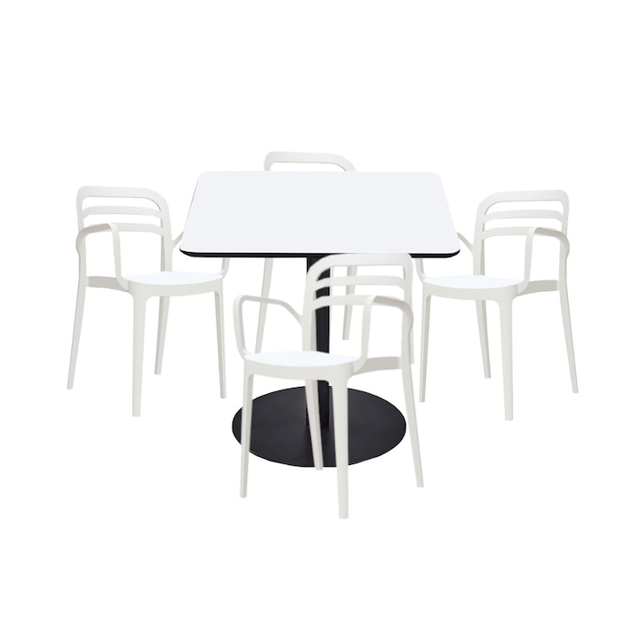 Set mobilier dining bucatarie RAKI masa patrata cu blat MDF melaminat 80x80x75cm cu 4 scaune Aspendos albe