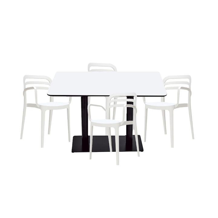 Set mobilier dining bucatarie RAKI masa dreptunghiulara cu blat MDF melaminat 120x80x75cm cu 4 scaune Aspendos albe