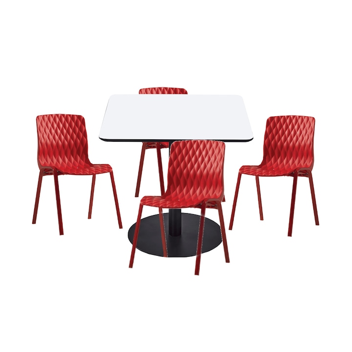 Set mobilier dining bucatarie RAKI masa patrata cu blat MDF melaminat 80x80x75cm cu 4 scaune Royal rosii