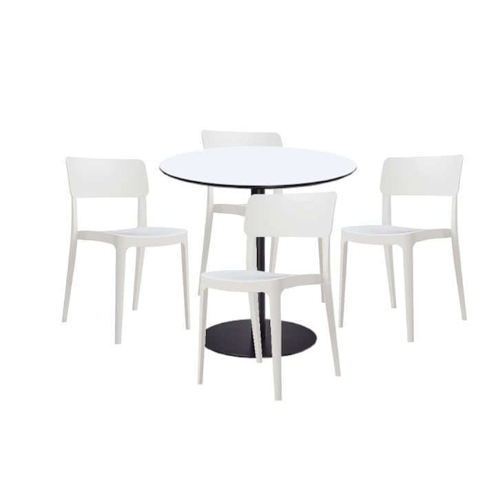 Set mobilier dining bucatarie RAKI masa rotunda cu blat MDF melaminat 80x75cm cu 4 scaune Pano albe