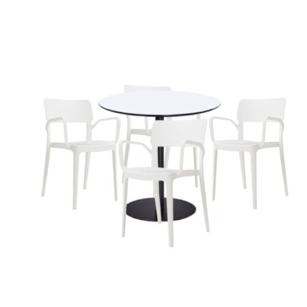 Set mobilier dining bucatarie RAKI masa rotunda cu blat MDF melaminat 80x75cm cu 4 scaune Panora albe
