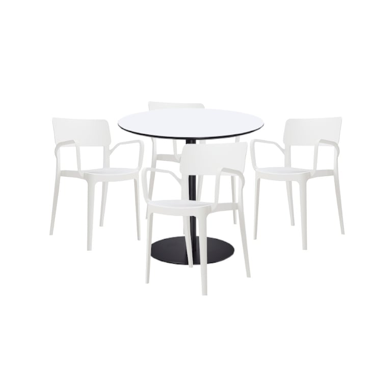 Set mobilier dining bucatarie RAKI masa rotunda cu blat MDF melaminat 80x75cm cu 4 scaune Panora albe