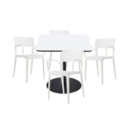 Set mobilier dining bucatarie RAKI masa patrata cu blat MDF melaminat 80x80x75cm cu 4 scaune Panora albe