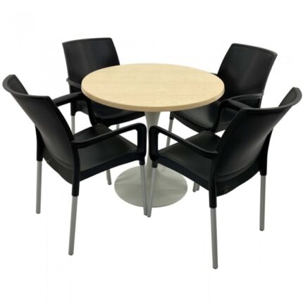 Set 4 scaune SUNSET negru cu masa rotunda 80cm Raki Maple blat werzalit si baza metalica alba