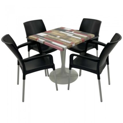 Set 4 scaune SUNSET negru cu masa patrata 80x80cm Raki Redden Wood blat werzalit si baza metalica alba