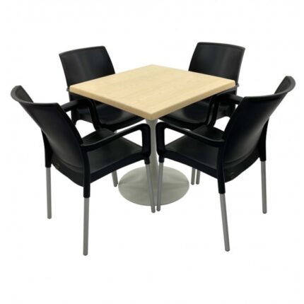 Set 4 scaune SUNSET negru cu masa patrata 80x80cm Raki Maple blat werzalit si baza metalica alba