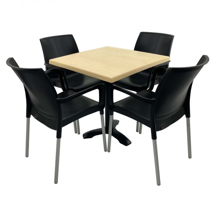 Set 4 scaune SUNSET negru cu masa patrata 80x80cm Raki Maple blat werzalit si picior metalia culoare negru