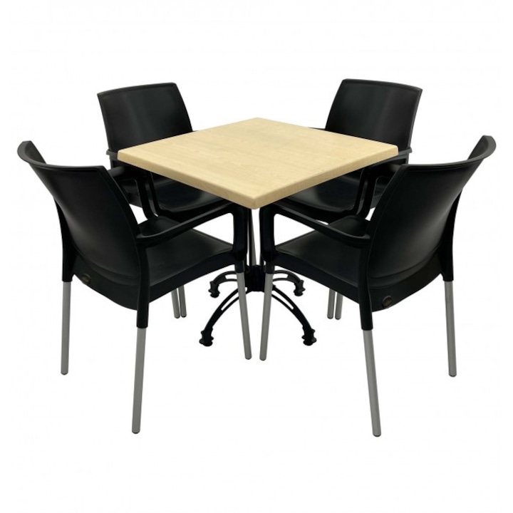 Set 4 scaune SUNSET negru cu masa patrata 70x70cm Raki Maple blat werzalit si baza retro
