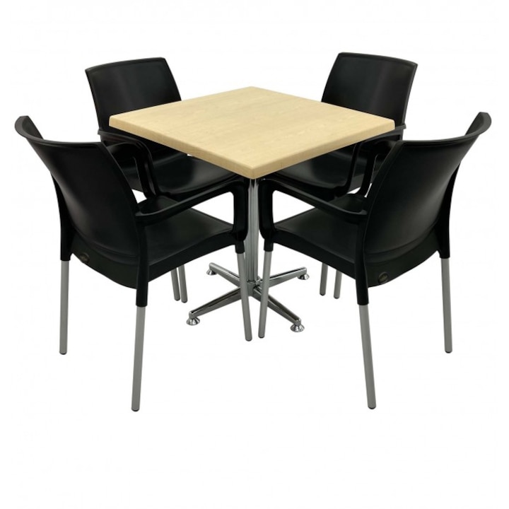 Set 4 scaune SUNSET negru cu masa patrata 70x70cm Raki Maple blat werzalit si baza crom clasic