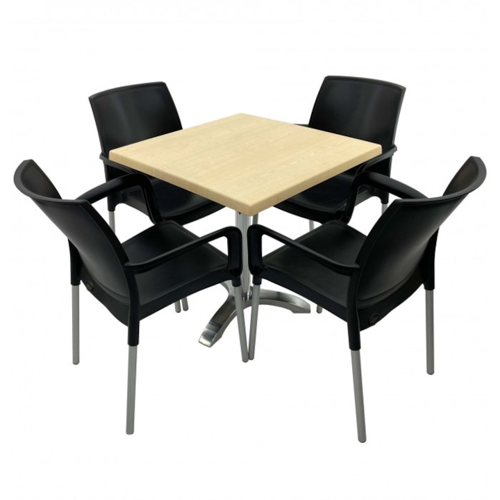 Set 4 scaune SUNSET negru cu masa patrata 70x70cm Raki Maple blat werzalit si picior aluminiu