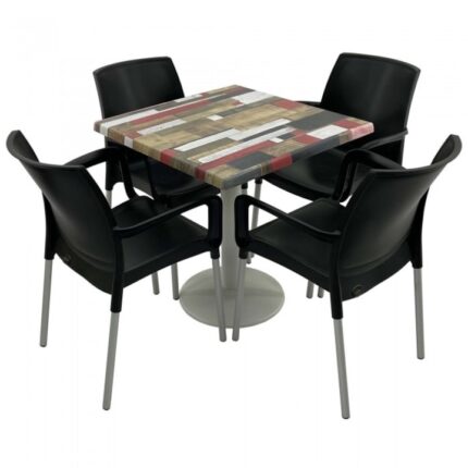 Set 4 scaune SUNSET negru cu masa patrata 70x70cm Raki Redden Wood blat werzalit si baza metalica culoare alba