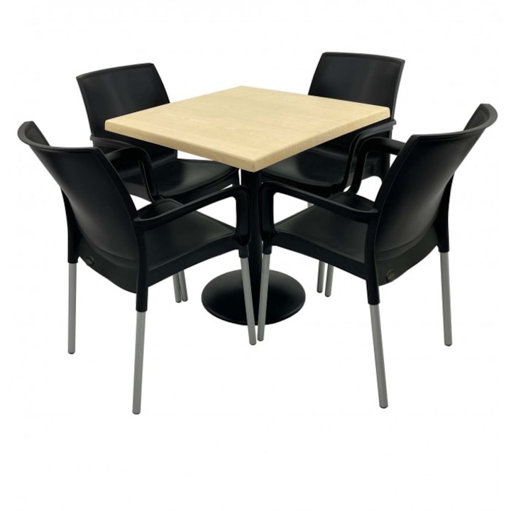 Set 4 scaune SUNSET negru cu masa patrata 70x70cm Raki Maple blat werzalit si picior metalic culoare negru