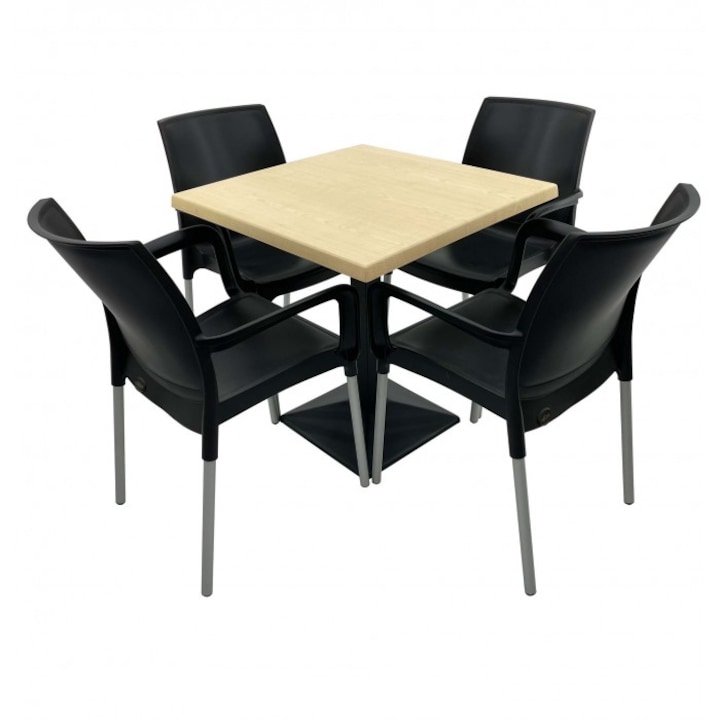 Set 4 scaune SUNSET negru cu masa patrata 70x70cm Raki Maple blat werzalit si baza metalica culoare negru