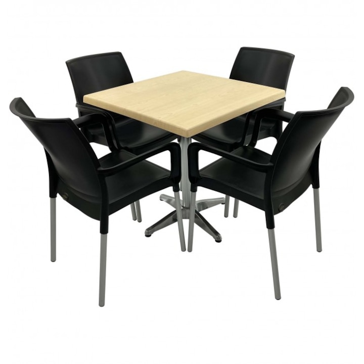 Set 4 scaune SUNSET negru cu masa patrata 80x80cm Raki Maple blat werzalit si picior aluminiu
