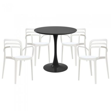 masa rotunda neagra D80xh76cm Nikko si 4 scaune polipropilena Aspendos albe