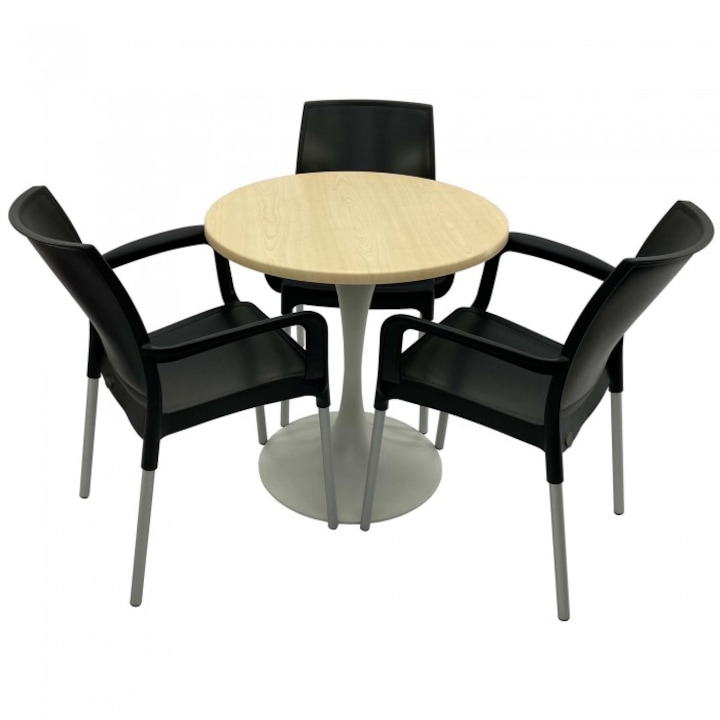Set 3 scaune SUNSET negru cu masa rotunda 70cm Raki Maple blat werzalit si baza metalica alba