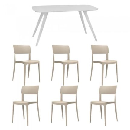 masa alba 140x80xh75cm Keatley MDF/metal si 6 scaune polipropilena Pano 46x51xh82cm bej