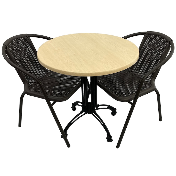 Set 2 scaune CAMPMAN maro cu masa rotunda D70cm AGMA HORECA MAPLE cu blat werzalit si picior negru retro