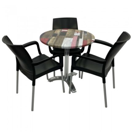 Set 3 scaune SUNSET negru cu masa rotunda 70cm Raki Redden Wood blat werzalit si picior aluminiu