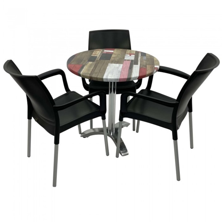 Set 3 scaune SUNSET negru cu masa rotunda 70cm Raki Redden Wood blat werzalit si picior aluminiu