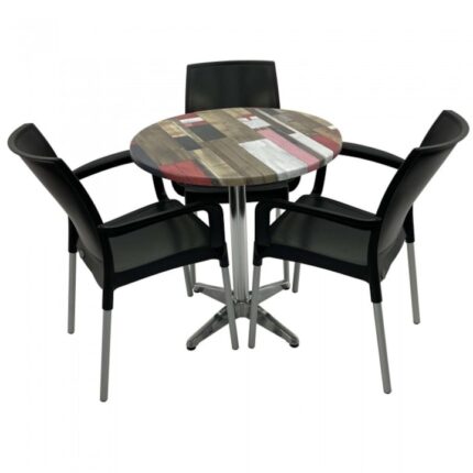 Set 3 scaune SUNSET negru cu masa rotunda 70cm Raki Redden Wood blat werzalit si baza aluminiu