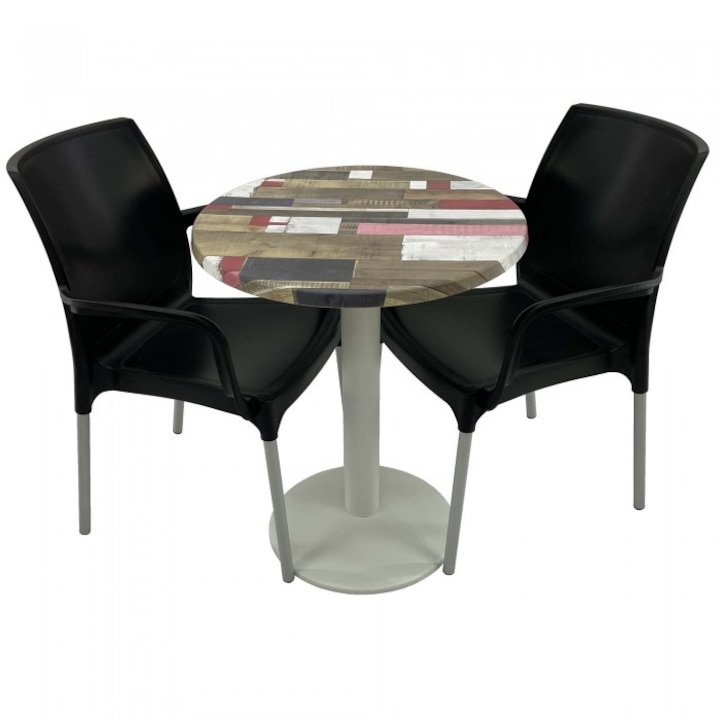 Set 2 scaune SUNSET negru cu masa rotunda 60cm Raki Redden Wood blat werzalit si baza metalica culoare alba