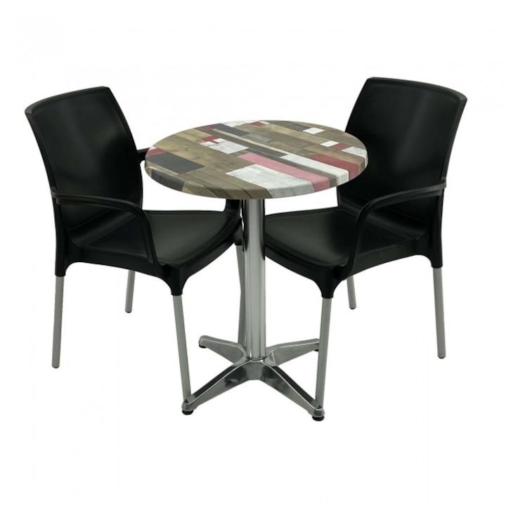 Set 2 scaune SUNSET negru cu masa rotunda 60cm Raki Redden Wood blat werzalit si baza aluminiu
