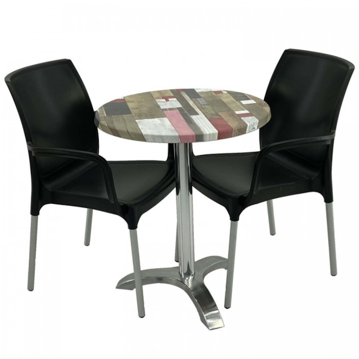 Set 2 scaune SUNSET negru cu masa rotunda 60cm Raki Redden Wood blat werzalit si picior aluminiu