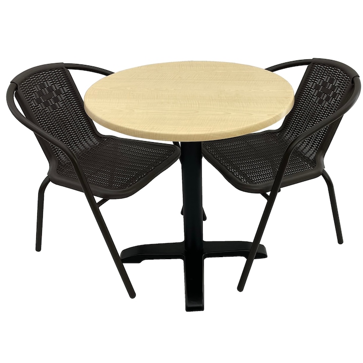 Set 2 scaune CAMPMAN maro cu masa rotunda D70cm AGMA HORECA MAPLE cu blat werzalit si baza neagra metalica