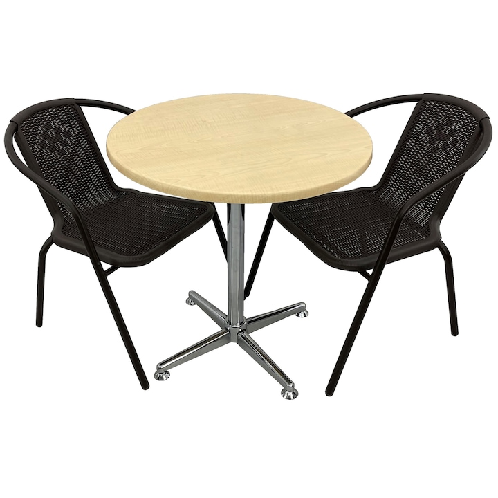 Set 2 scaune CAMPMAN maro cu masa rotunda D70cm AGMA HORECA MAPLE cu blat werzalit si baza cromata