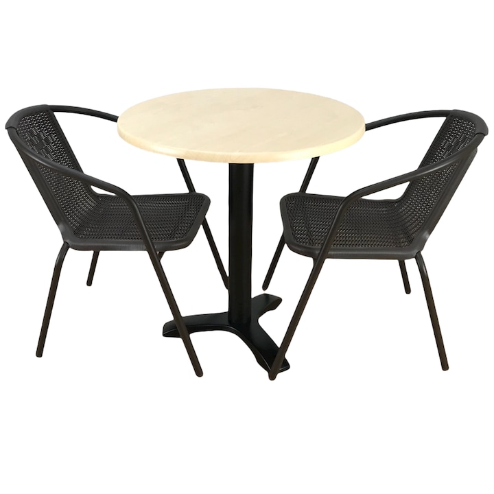 Set 2 scaune CAMPMAN maro cu masa rotunda D70cm AGMA HORECA MAPLE cu blat werzalit si picior metalic negru