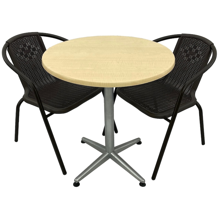 Set 2 scaune CAMPMAN maro cu masa rotunda D70cm AGMA HORECA MAPLE cu blat werzalit si baza gri clasic