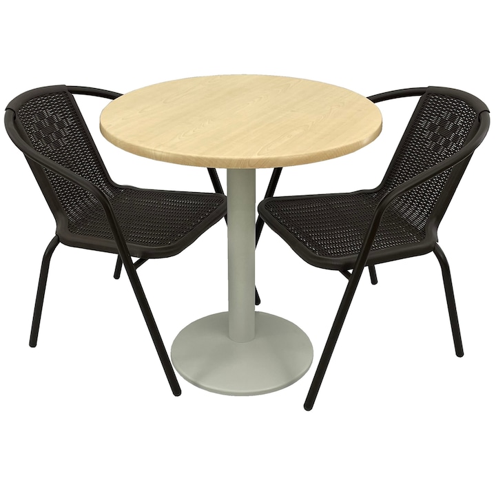 Set 2 scaune CAMPMAN maro cu masa rotunda D70cm AGMA HORECA MAPLE cu blat werzalit si baza metalica alba