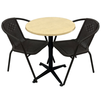 Set 2 scaune CAMPMAN maro cu masa rotunda D60cm AGMA HORECA MAPLE cu blat werzalit si baza culoare negru clasic