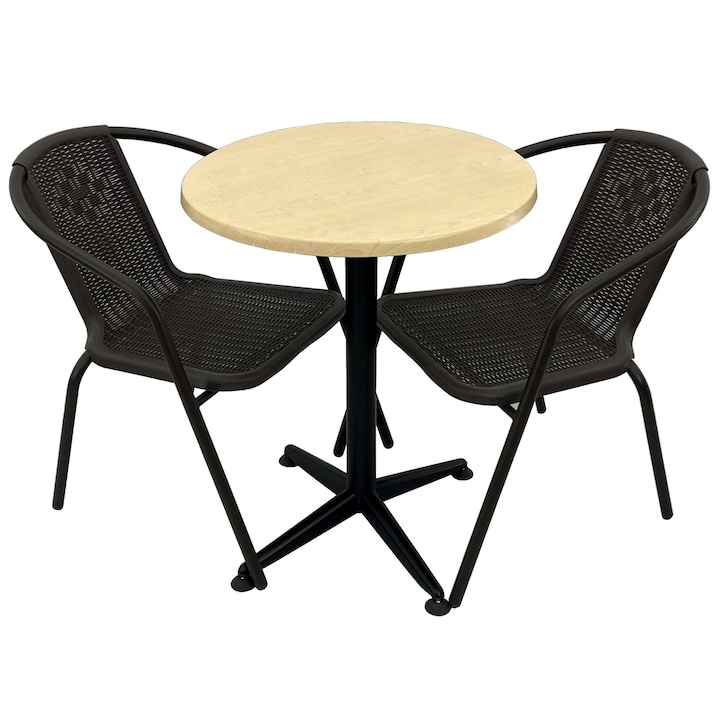 Set 2 scaune CAMPMAN maro cu masa rotunda D60cm AGMA HORECA MAPLE cu blat werzalit si baza culoare negru clasic Set 2 scaune CAMPMAN maro cu masa rotunda D60cm AGMA HORECA MAPLE cu blat werzalit si baza culoare negru clasic