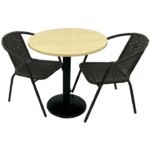 Set 2 scaune CAMPMAN maro cu masa rotunda D70cm AGMA HORECA MAPLE cu blat werzalit si baza metalica neagra
