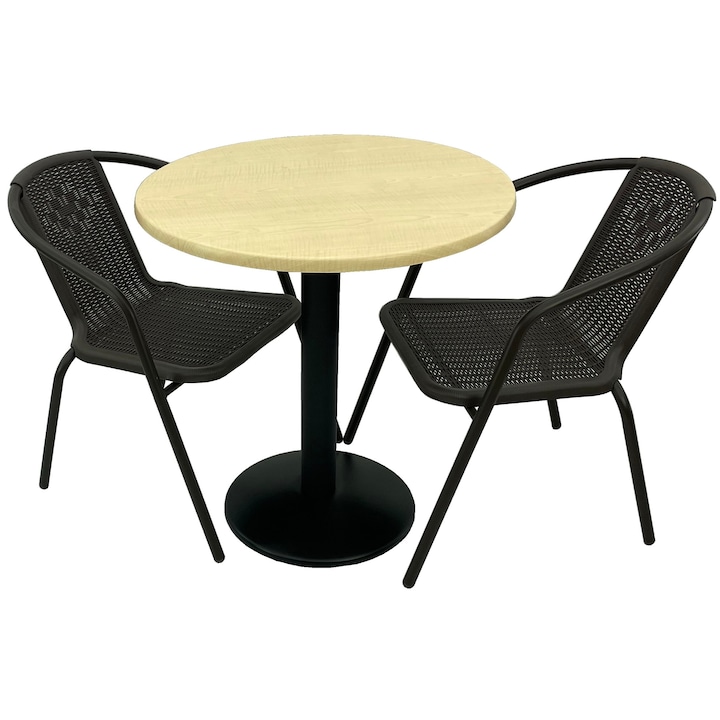 Set 2 scaune CAMPMAN maro cu masa rotunda D70cm AGMA HORECA MAPLE cu blat werzalit si baza metalica neagra