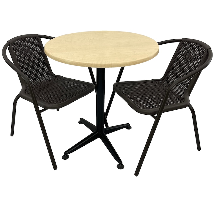 Set 2 scaune CAMPMAN maro cu masa rotunda D70cm AGMA HORECA MAPLE cu blat werzalit si baza culoare negru clasic Set 2 scaune CAMPMAN maro cu masa rotunda D70cm AGMA HORECA MAPLE cu blat werzalit si baza culoare negru clasic