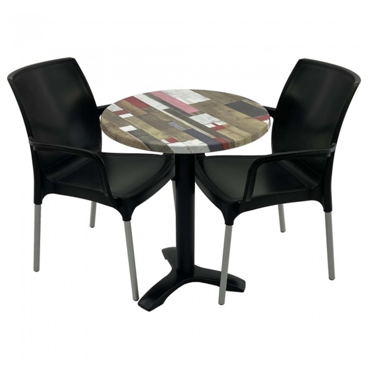 Set 2 scaune SUNSET negru cu masa rotunda 60cm Raki Redden Wood blat werzalit si picior metalic culoare negru