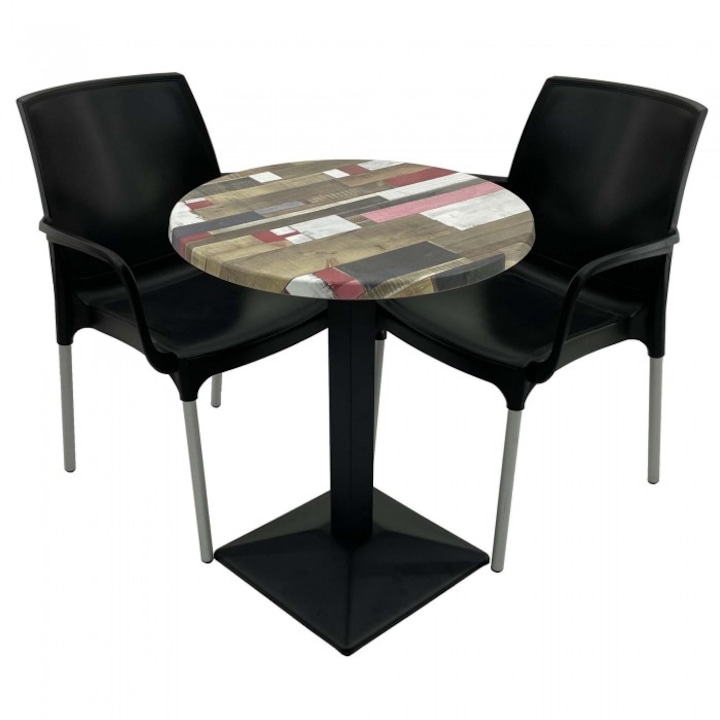 Set 2 scaune SUNSET negru cu masa rotunda 60cm Raki Redden Wood blat werzalit si baza metalica culoare negru