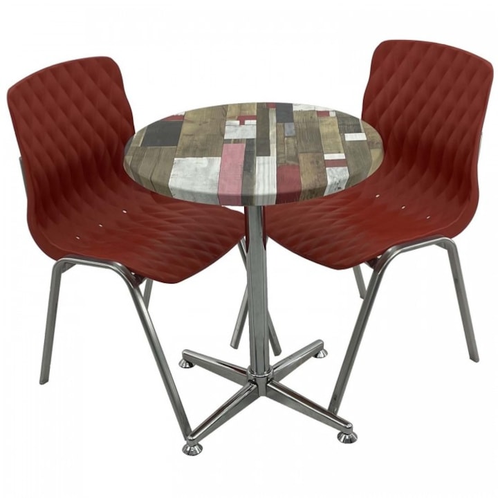 Set mobila de terasa restaurant RAKI Redden Wood masa rotunda 60cm cu blat werzalit si baza crom clasica