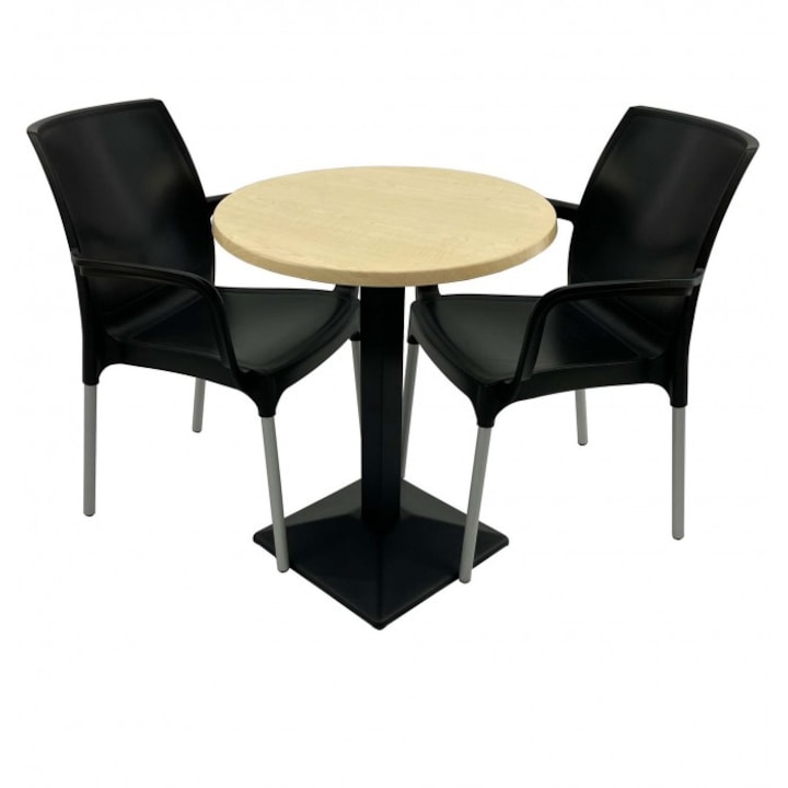 Set 2 scaune SUNSET negru cu masa rotunda 60cm Raki Maple blat werzalit si baza metalica culoare negru